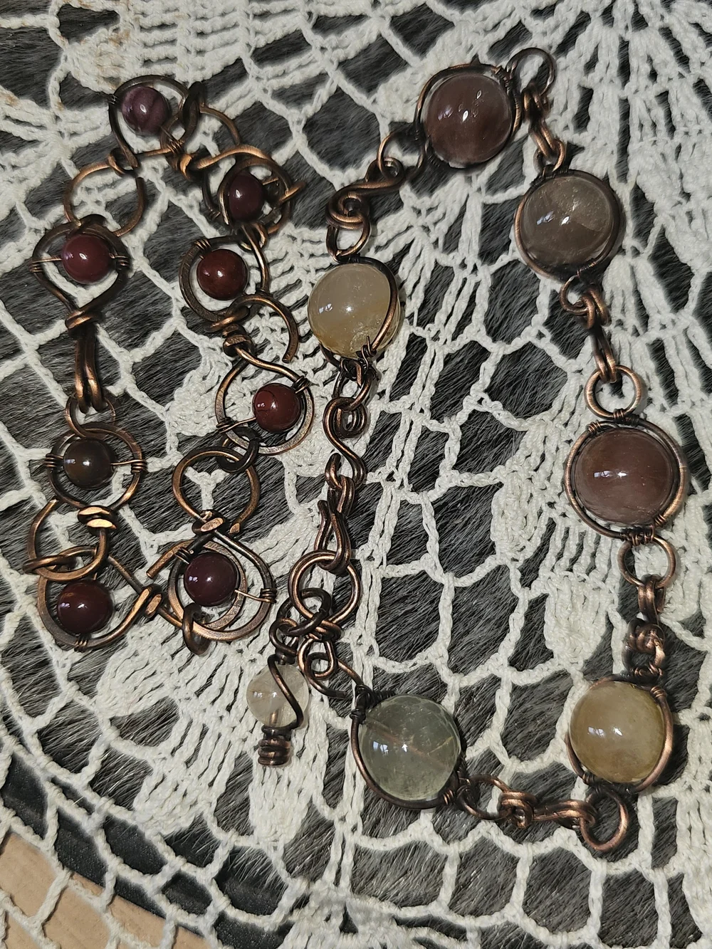 Handcrafted Copper Bracelet Set Of 2 with Red-jasper And Large Mixed Gemstones.